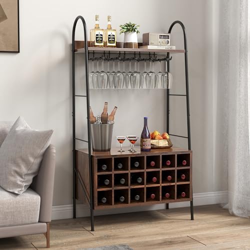 Giantex Freestanding Wine Rack with 15 Glasses Holder and 2 Storage Shelves
