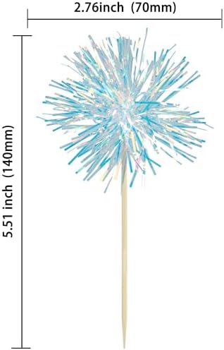 Gyufise 30Pcs Foil Firework Cupcake Toppers with Tinsel