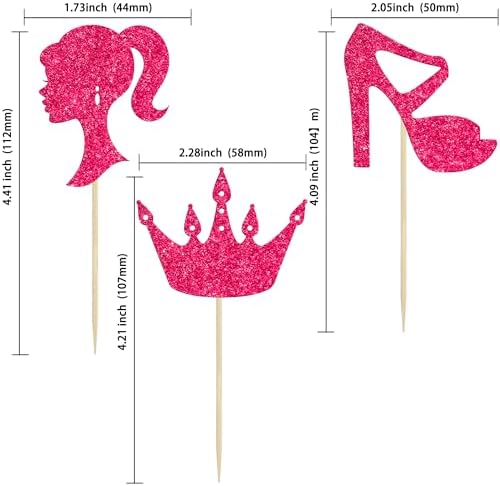 Ephlyn 24Pcs Hot Pink Glitter Princess Cupcake Toppers