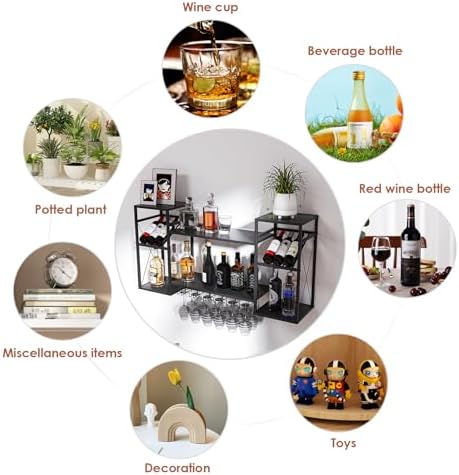 2-Tier Wall-Mounted Wine Rack with 6 Stem Glass Holder Black