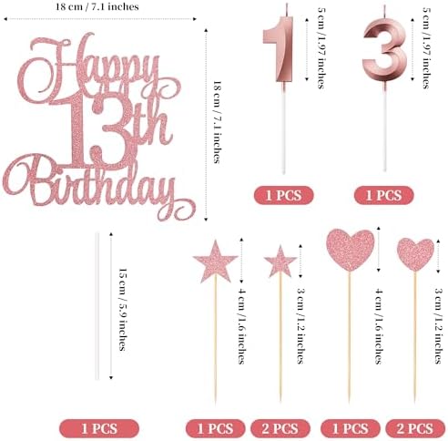 13th Birthday Cake Toppers Set with Glitter and Candles