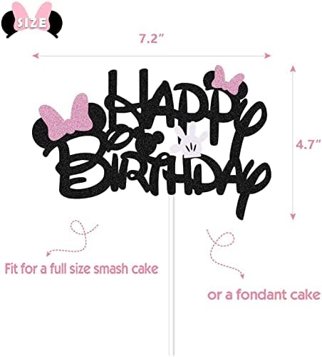BOGZON Black Glitter Minnie Birthday Cake Topper with Pink Bows and White Gloves