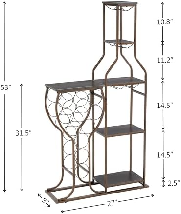 RuiSiSi 5 Tier Freestanding Wine Rack with Glass Holder 11 Bottle Capacity Grey
