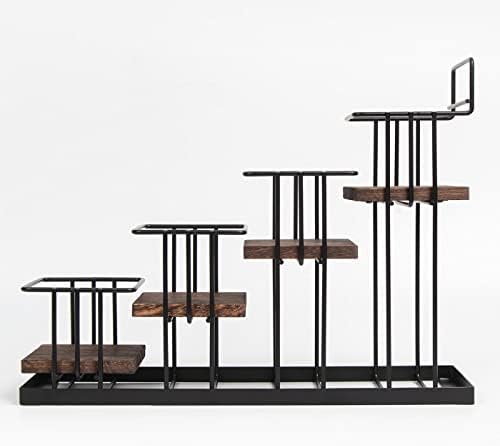 4-Tier Coffee Syrup Organizer Rack with Rustic Wood and Metal Frame