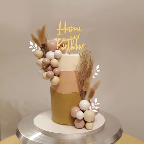 DRWATE Boho Khaki White Gold Pearl Balls Cake Toppers