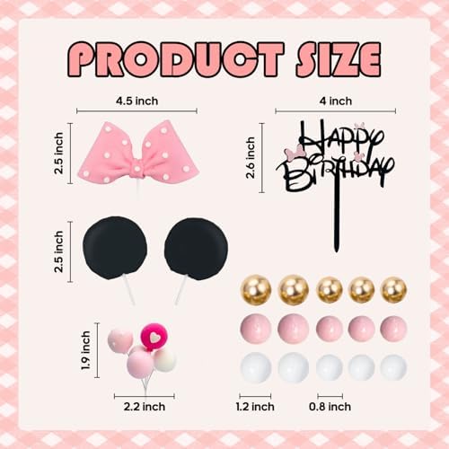 20Pcs Mouse Cake Toppers with Bows and Ears Birthday Decor
