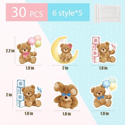30pcs Blue Pink Bear Cupcake Toppers for Gender Reveal