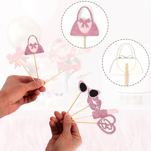 Biendo Glitter Pink Cupcake Toppers 32PCS Princess Theme Decorations