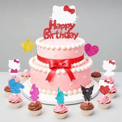 Cute Cat Birthday Cake Toppers 10Pcs Glitter Decor