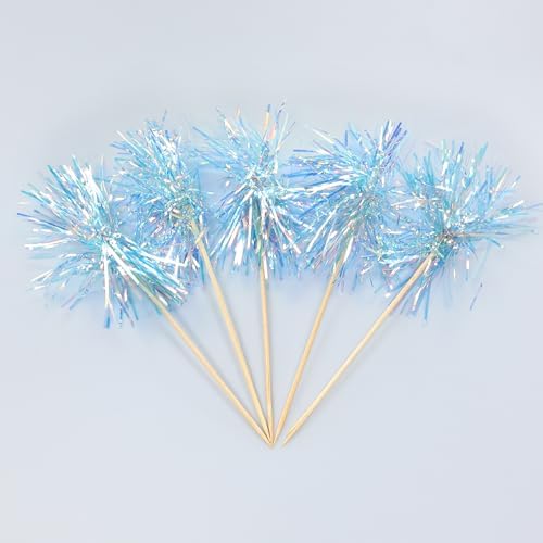 Gyufise 30Pcs Foil Firework Cupcake Toppers with Tinsel