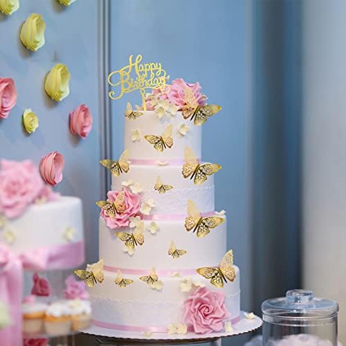 24Pcs Gold Butterfly Cake Decorations with Birthday Sign