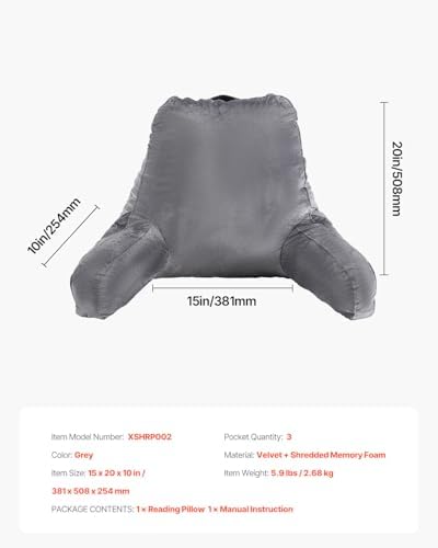 VEVOR Reading Pillow with 3 Pockets and Memory Foam