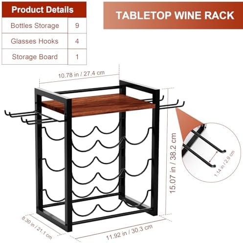 Nanagiftree Wooden Wine Rack with Tray Holds 9 Bottles 4 Glasses