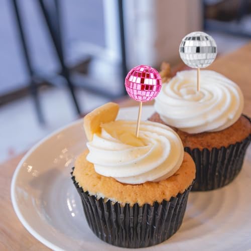 30pcs Disco Ball Cupcake Toppers Pink and Silver