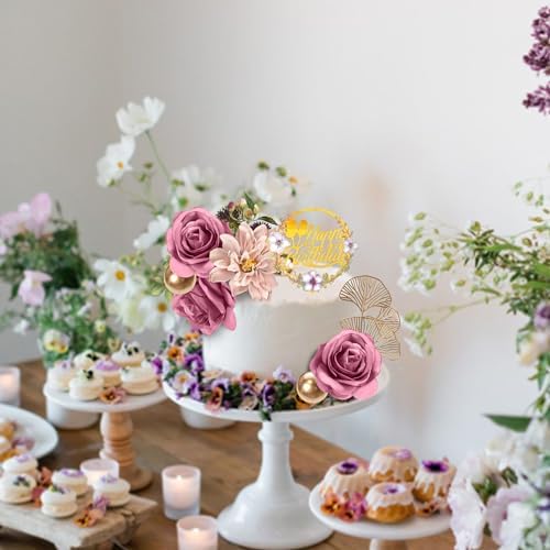 DRWATE Flower Cake Toppers Purple Rose and Ginkgo Leaf Set