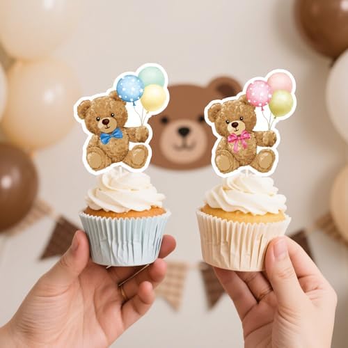 30pcs Blue Pink Bear Cupcake Toppers for Gender Reveal