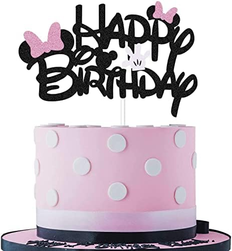 BOGZON Black Glitter Minnie Birthday Cake Topper with Pink Bows and White Gloves
