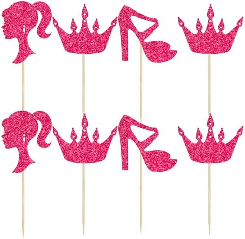 Ephlyn 24Pcs Hot Pink Glitter Princess Cupcake Toppers
