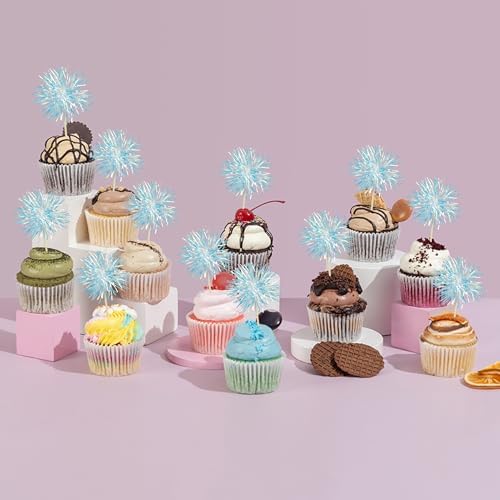 Gyufise 30Pcs Foil Firework Cupcake Toppers with Tinsel