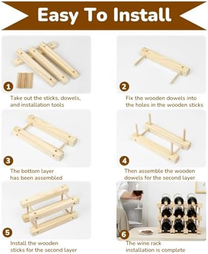 12-Bottle Wooden Wine Rack for Countertop and Cabinet