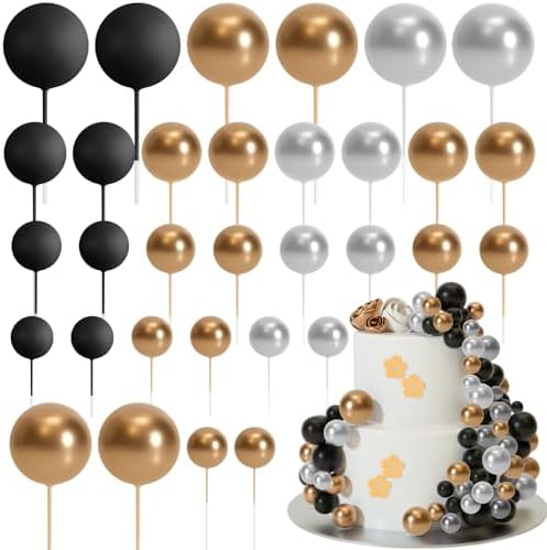 ASTARON 32 Pcs Gold Silver Black Foam Ball Cake Decorations