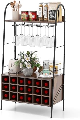 Giantex Freestanding Wine Rack with 15 Glasses Holder and 2 Storage Shelves