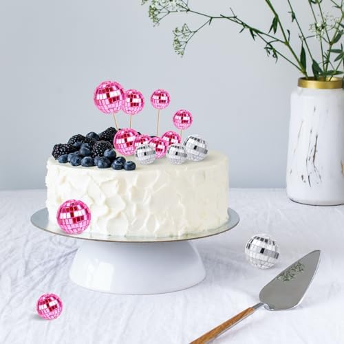 30pcs Disco Ball Cupcake Toppers Pink and Silver