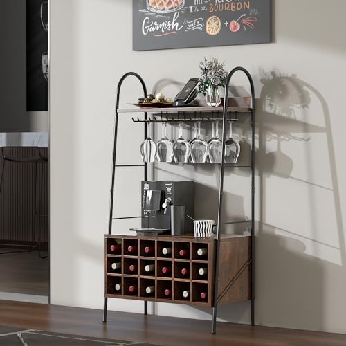 Giantex Freestanding Wine Rack with 15 Glasses Holder and 2 Storage Shelves