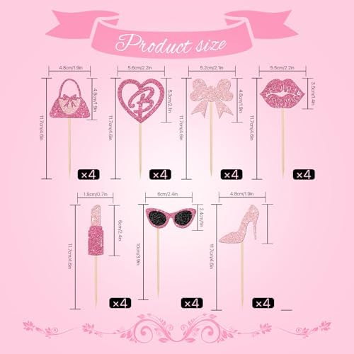 Biendo Glitter Pink Cupcake Toppers 32PCS Princess Theme Decorations