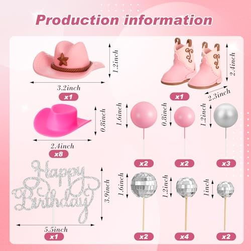 26 Pieces Pink Cowgirl Cake Decorations for Western Party