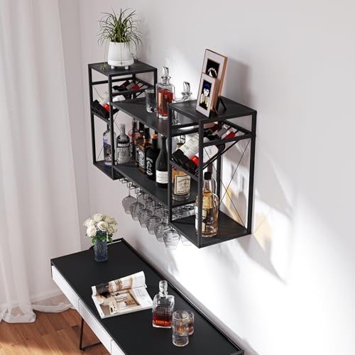 2-Tier Wall-Mounted Wine Rack with 6 Stem Glass Holder Black