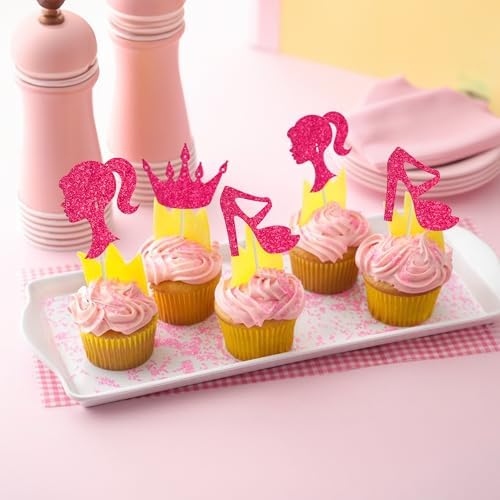 Ephlyn 24Pcs Hot Pink Glitter Princess Cupcake Toppers