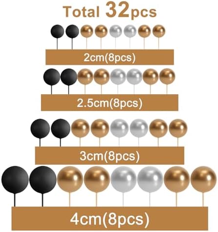ASTARON 32 Pcs Gold Silver Black Foam Ball Cake Decorations