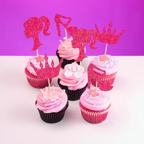 Ephlyn 24Pcs Hot Pink Glitter Princess Cupcake Toppers