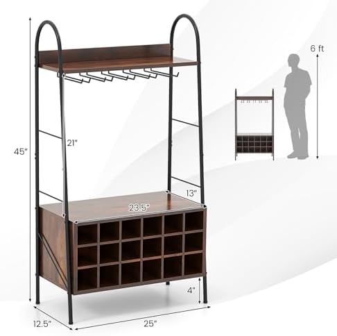 Giantex Freestanding Wine Rack with 15 Glasses Holder and 2 Storage Shelves