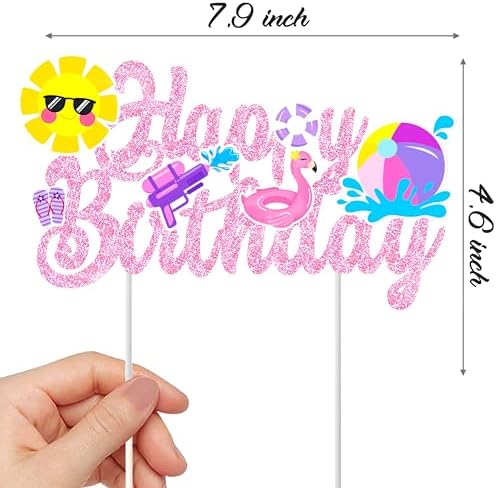 Pool Party Birthday Cake Topper with Pink Glitter