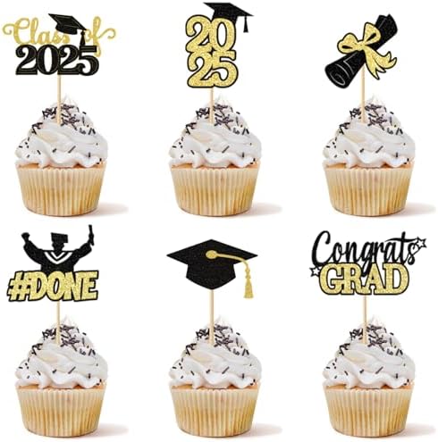 Class of 2025 Graduation Cupcake Topper - 24Pcs Black with Gold