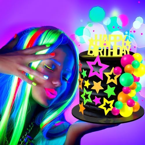 Wonderjune 57 Pcs Neon Glow Cake Toppers Decorations