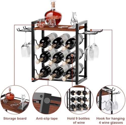 Nanagiftree Wooden Wine Rack with Tray Holds 9 Bottles 4 Glasses