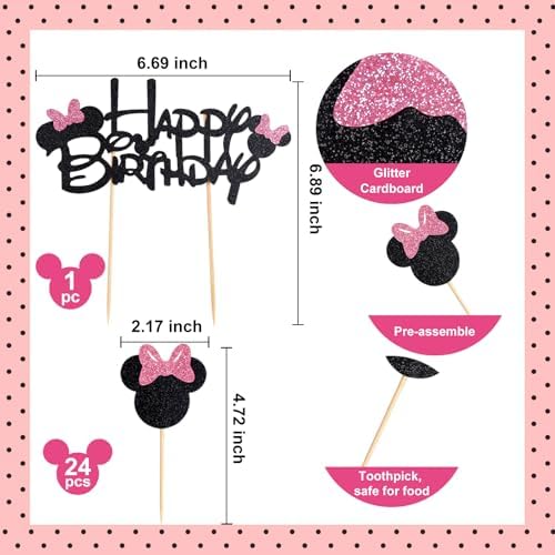 25Pcs Glitter Mouse Cupcake Toppers with Bow