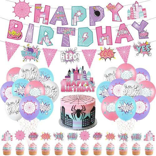 Spider Birthday Banner with Pennant Flags and Balloons