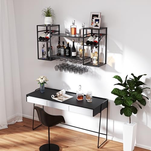 2-Tier Wall-Mounted Wine Rack with 6 Stem Glass Holder Black