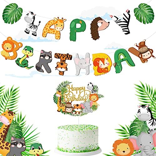 Clabby 2 Pieces Jungle Animals Birthday Banner Cupcake Topper
