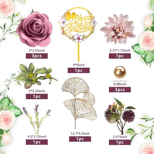 DRWATE Flower Cake Toppers Purple Rose and Ginkgo Leaf Set