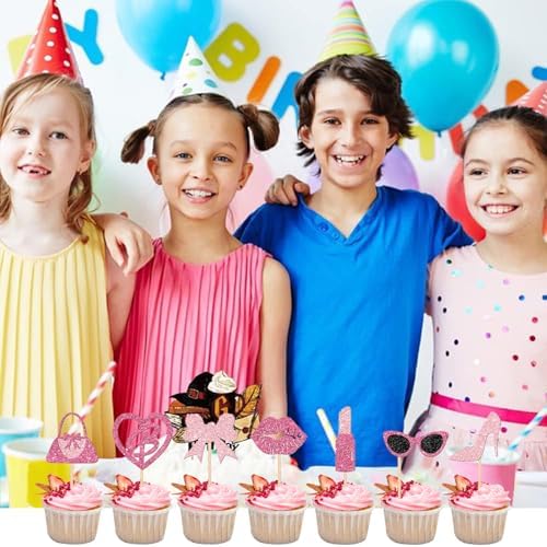 Biendo Glitter Pink Cupcake Toppers 32PCS Princess Theme Decorations