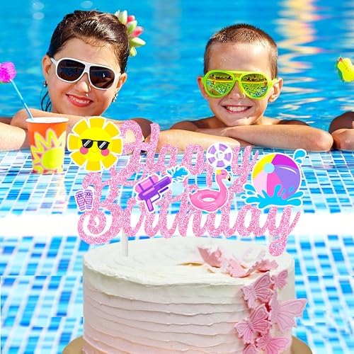 Pool Party Birthday Cake Topper with Pink Glitter