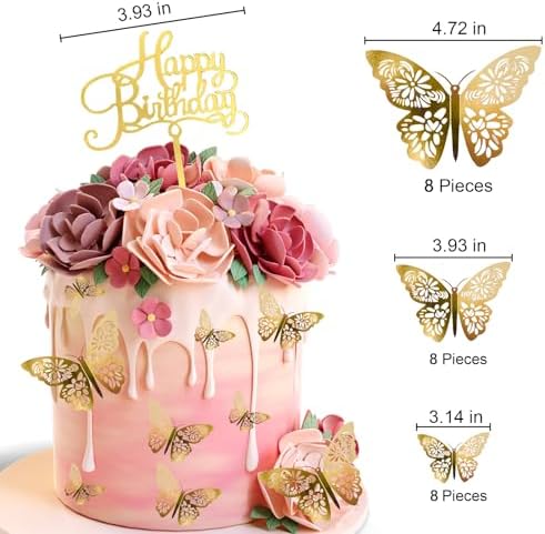 24Pcs Gold Butterfly Cake Decorations with Birthday Sign