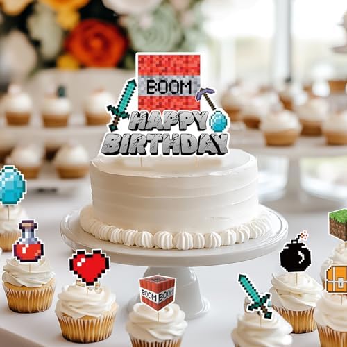 Terkung 9pcs Pixel Cartoon Cake Toppers for Birthday Parties