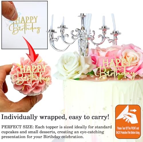 AiQi Bakes Happy Birthday Cake Toppers Gold Mirror Acrylic 12 Pack