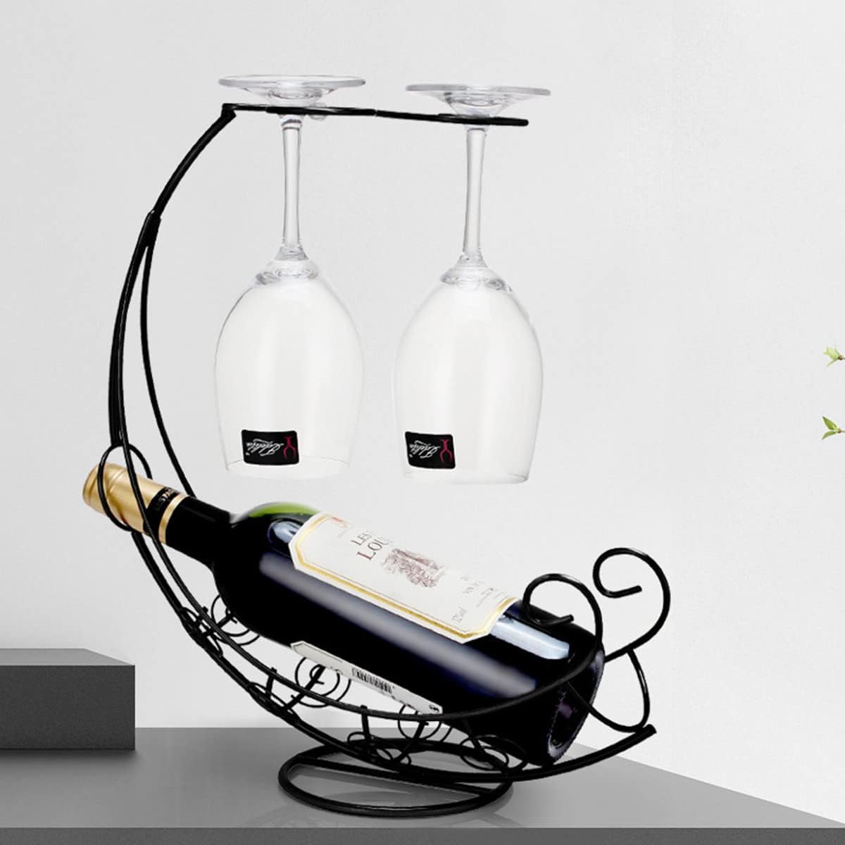 Homya Tabletop Metal Wine Rack 1 Bottle 2 Glasses
